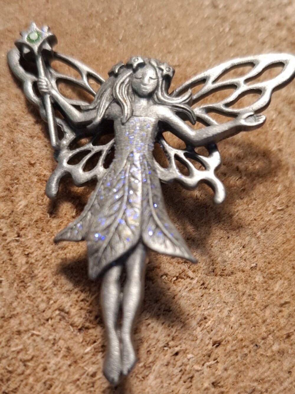 Vintage JJ Pewter Fairy with Wand & Sparkles Brooch Pin